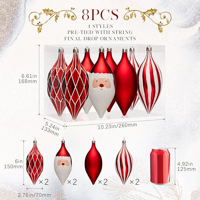 JORNOY Finial Christmas Ornaments for Tree Decorations, 150mm/6 in Shatterproof Plastic Hanging Large Tear Drop Baubles Bulk for Holiday Home Party Decor with String, 8 Pack, Red White
