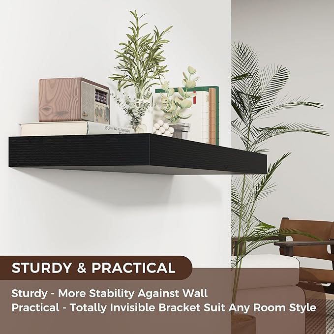 Venusmiles Floating Shelves for Wall, 40" W x 12" D x 2" H, 1 Pack of Long Wall Mounted Engineered Wood Shelves with Invisible Brackets for Living Room, Bedroom, Bathroom, Kitchen Decor, Black