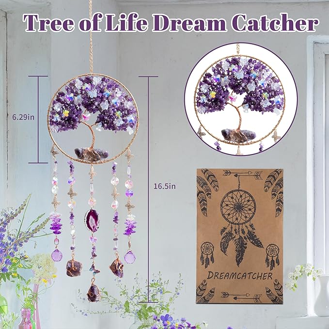 Amethyst Crystal Dream Catchers Purple Dream Catcher Wall Window Hangings Crystal Sun Catchers Prism Hanging Bedroom Home Decor Gifts for Girls Boys Adults