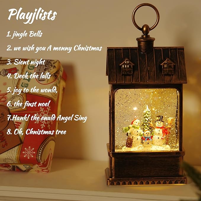 Christmas Snow Globe Lantern Water Glittering Snowman Family with Music, USB Lined/Battery Operated Lighted Lantern for Christmas Festival Decoration Gifts