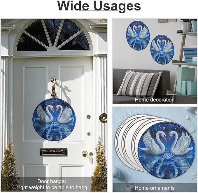 Wall Picture, with Two White Swans Printed Circular Iron Hanging Picture,Wall Art Decor,Home for Bedroom Living Room Bathroom Decor,Iron Painting 11.8X11.8 in