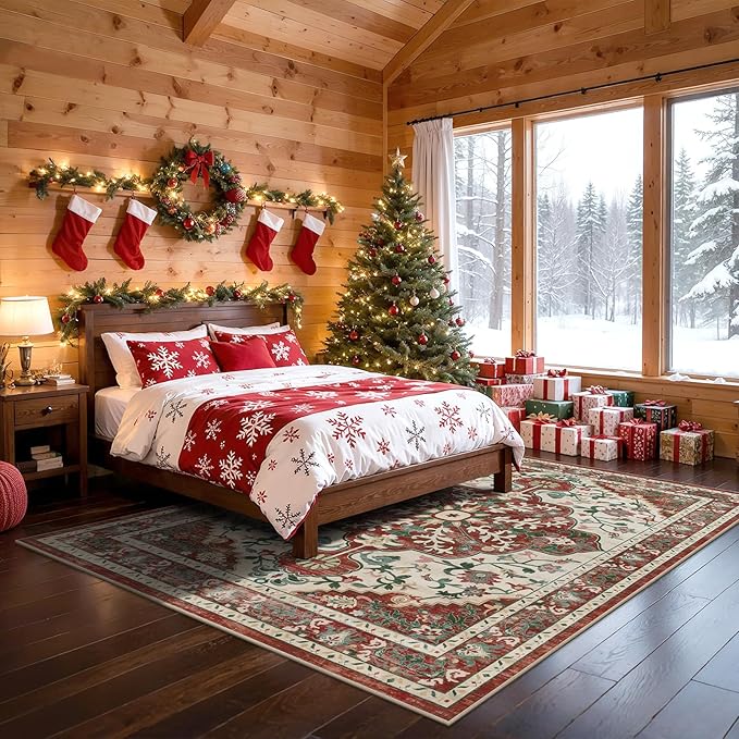 U'Artlines Red Christmas Area Rug 8x10 Large Boho Washable Soft Winter Holiday Carpet for Living Room Bedroom Dining Room Office Indoor Rugs for Xmas Decor