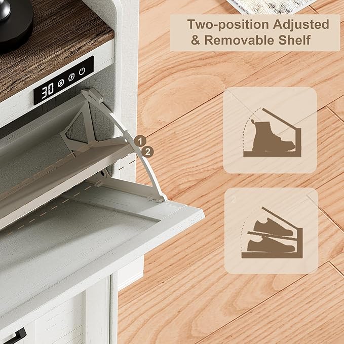 ChooChoo Shoe Storage Cabinet with 2 Flip Drawers, Deodorizing Shoe Organizer Storage for Entryway, Freestanding Hidden Slim Narrow Shoe Rack Cabinet, Antique White & Brown