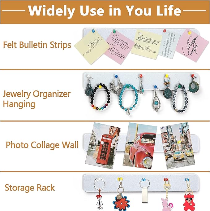 5 Pack Felt Pin Board Bar Strips Bulletin Board for Bedrooms Offices Home Wall Decoration, Notice Board Self Adhesive Cork Board with 35 Push Pins for Paste Notes, Photos, Schedules (White)