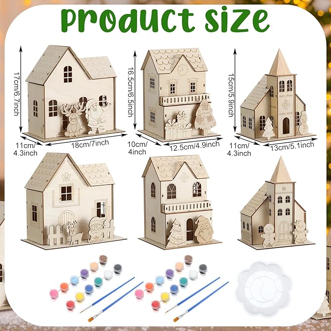 Thyle 6 Set Christmas Wooden House Kit for Craft DIY Christmas Village Unfinished Wooden Gingerbread House Make Your Own 3D Houses Xmas Painting Gift Craft Activity Creative DIY Art Decoration Project