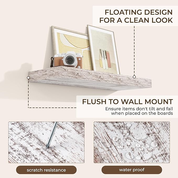 RICHFOCUS 28Inch Floating Shelves for Wall 2 Pack Shelves for Bedroom|Kitchen|Bathroom|Laundry Room Rustic Wood Wall Mounted Shelf with Invisible Brackets for Books|Storage|Decor, Rustic White