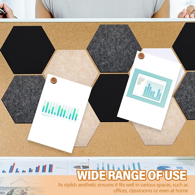 Mindsoft 16 Pcs Hexagon Cork Board for Walls with 50 Wooden Push Pins 6.7 x 5.9 in Felt DIY Tiles Notice with Nano Tape Hanging Bulletin Board for Home Photo Office Memo Note(Classic Colors)