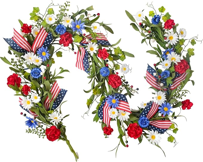 5.9Ft Artificial 4th of July Garland Wreath -Patriotic Garland with Red, White & Blue Daisies, Green Leaves, Berries & Flag Bow for Wall Table Independence Day Memorial Day Indoor/Outdoor