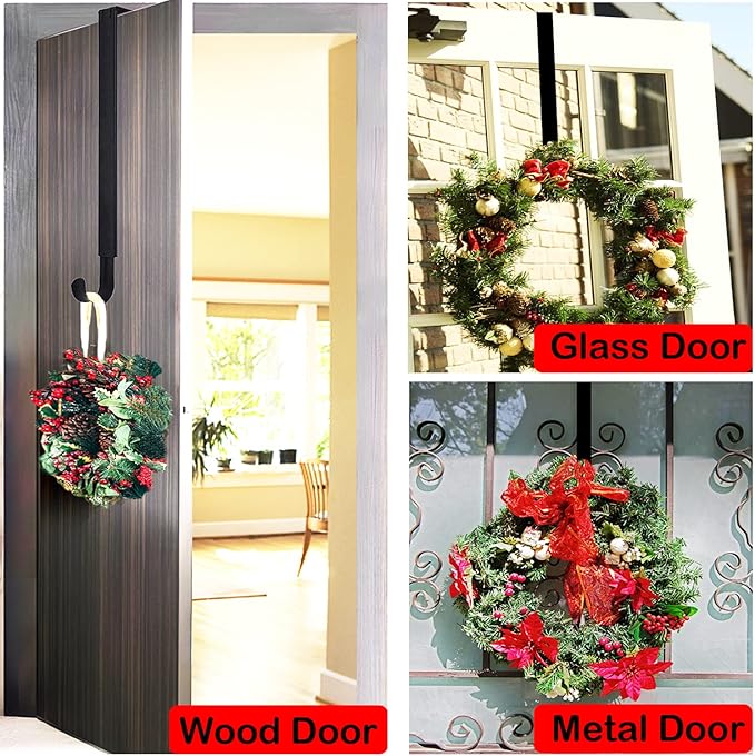 Wreath Hanger for Front Door, Adjustable from 15" to 25" Wreath Door Hanger for Christmas Fall Wreaths Decorations Hook, Black