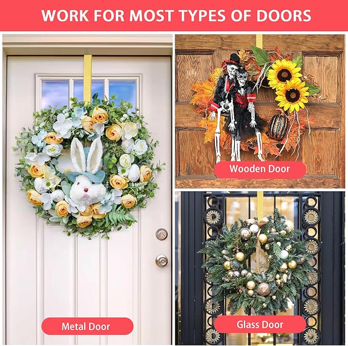 12” Wreath Hanger Over the Door Hooks, Non Scratch Wreath Door Hanger Hooks for Hanging Welcome Sign, Metal Wreath Hangers for Front Door Decor, Thin Door Hanger for Easter Christmas Home Decoration