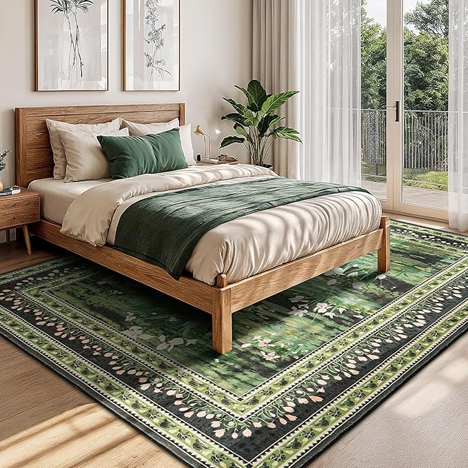 Lessymo Dark Green Floral Rug 8x10 for Living Room, Large Washable Soft Non-Slip Area Rugs, Boho Farmhouse Moody Aesthetic Carpet, Bedroom Dining Nursery Home Office Decor