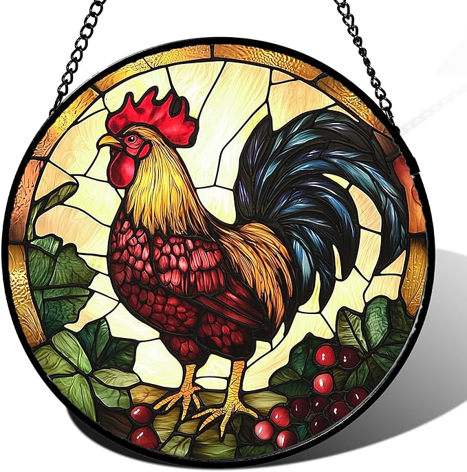 Stained Glass Window Hanging, Colorful Big Cock Sun Catcher for Window Door Home Decor, Chicken Suncatcher Christmas Mother's Day Birthday Gifts for Women Men Mom and Nana 15 in