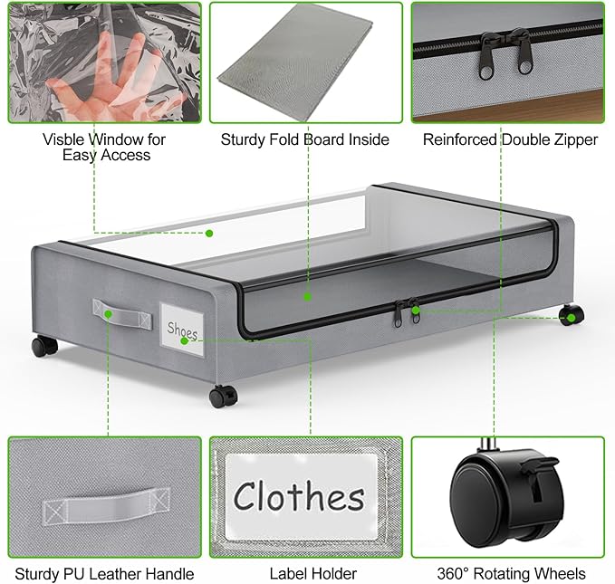 Under Bed Storage with Wheels, 4-Pack Underbed Storage Containers with Clear Lids, Under Bed Shoe Storage Organizer, Rolling Under Bed Storage for Clothes Shoes Blankets (Grey)