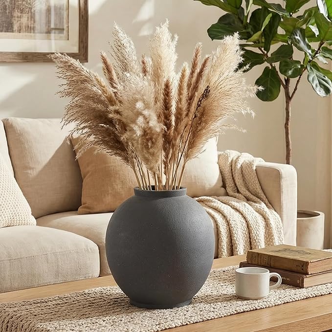 Black Ceramic Large Vase - 11 Inch Round Modern Ceramic Vases,Tall Vase for Decor Living Room Table Decor and Festive Home Interiors