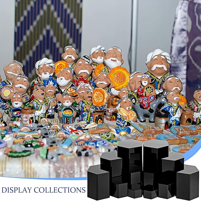 Jetec 12 Pcs Hexagonal Jewelry Display Risers Hexagonal Market Display Risers Stands Acrylic Showcase Acrylic Stand for Jewelry Model Figures Decoration, 6 Sizes (Black)