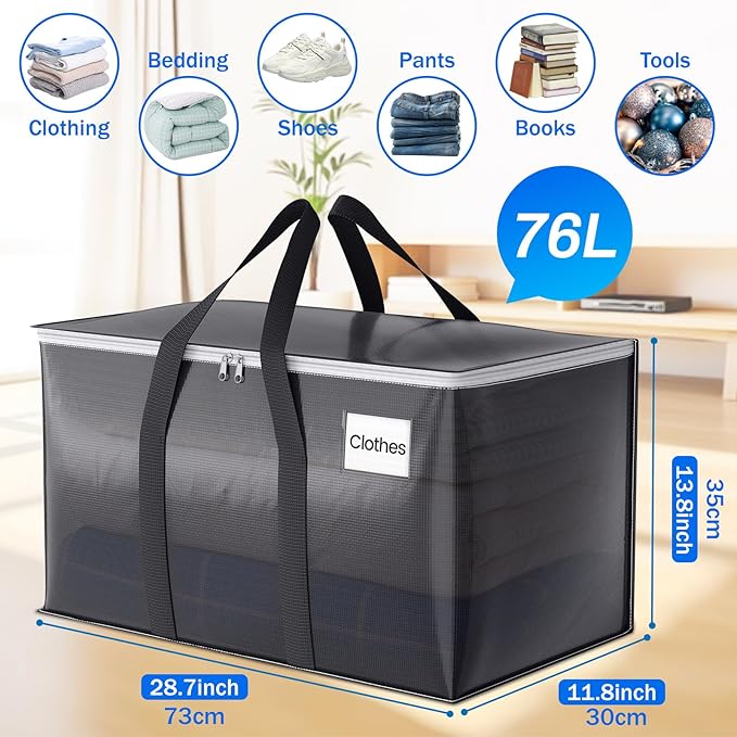 8 Pack Moving Bags Heavy Duty, Moving Boxes, Storage Bags with Zipper & Handles & Tag for College & Dorm Moving Supplies Grey Laundry Hamper Bag, Foldable Space-saving Totes (76L, Grey)