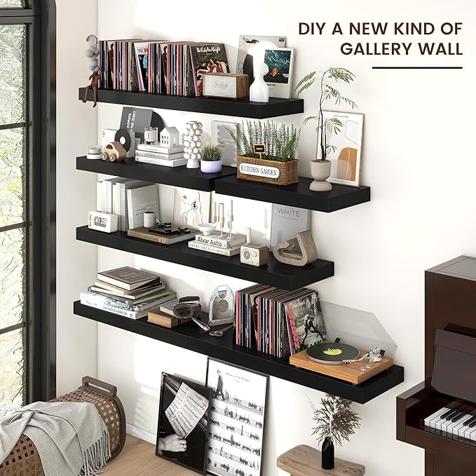 Venusmiles Floating Shelves for Wall, 48" W x 12" D x 2" H, 2 Pack of Long Wall Mounted Engineered Wood Shelves with Invisible Brackets for Living Room, Bedroom, Bathroom, Kitchen Decor, Black