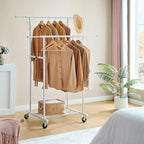 Double Rod Garment Rack, Heavy Duty Rolling Clothes Rack with Wheels For Hanging Clothes, Portable Metal Clothing Rack with Shelves,White, 64.2in Chrome