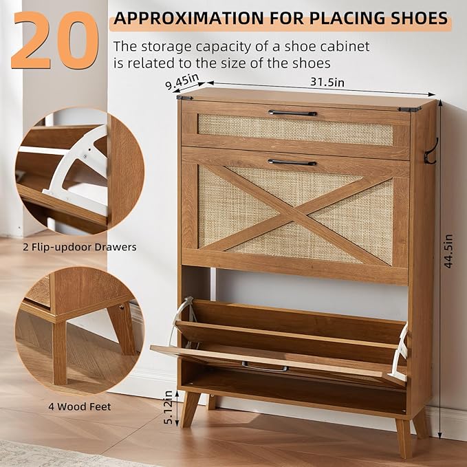 LEYAOYAO Shoe Storage Cabinet for Entryway with 2 Rattan Flip Drawers, Boho Narrow Shoe Cabinets for 16-20 Pairs Shoes with Large Drawers, Hidden Slim Shoe Rack with Wood Legs for Hallway, Tea Brown