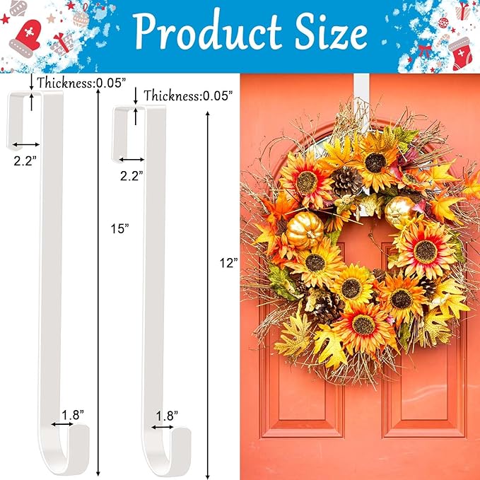 4 Pack 12" &15" Wreath Hangers for Front Door, Over The Door Wreath Hanger Halloween Decorations Wreath Hook for Hanging Christmas Easter Fall Decoration, Welcome Sign Holder (White)