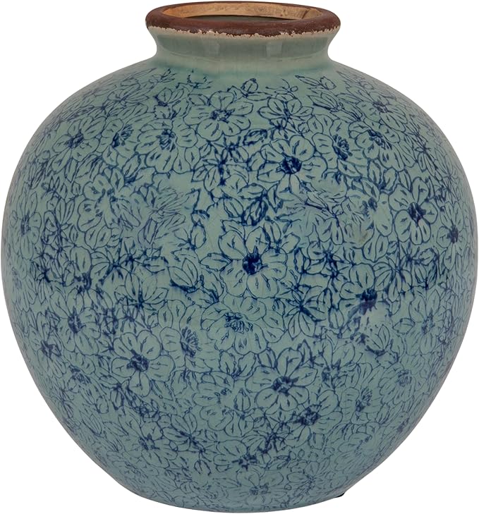 Creative Co-Op Round Decorative Terra-Cotta Vase with Transferware Pattern, Blue