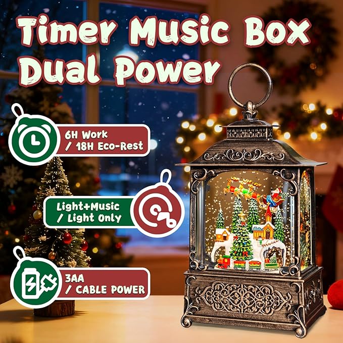 Christmas Snow Globes Lantern, Santa Claus & Train Christmas Decorations Indoor, 6H Timer Battery & USB Powered Light Up Musical Snow Globes for Kids Women Adults Gift Thanksgiving Home Decor