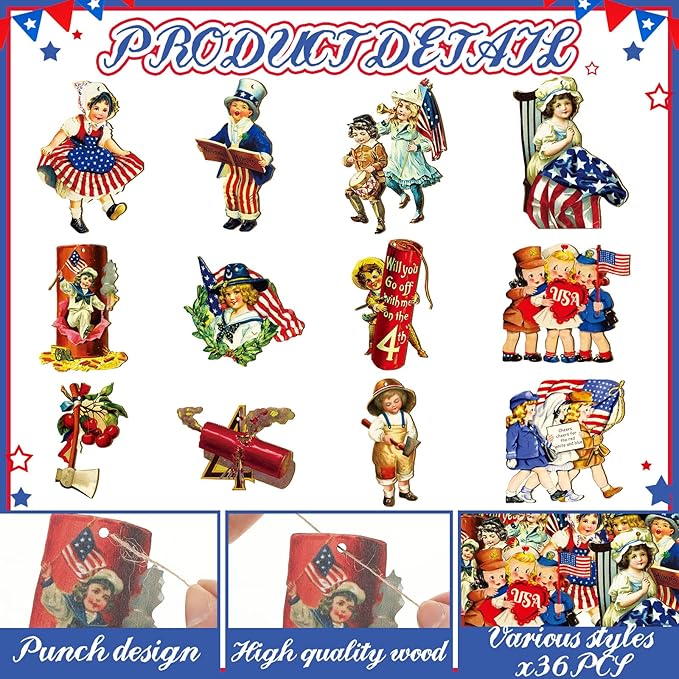 Sintuff 36 Pcs 4th of July Tree Ornaments 250th Anniversary Decoration Patriotic Wood Independence Day Ornaments Red White Blue Party Hanging Decoration Artifact for Small Tree Holiday Party Supplies