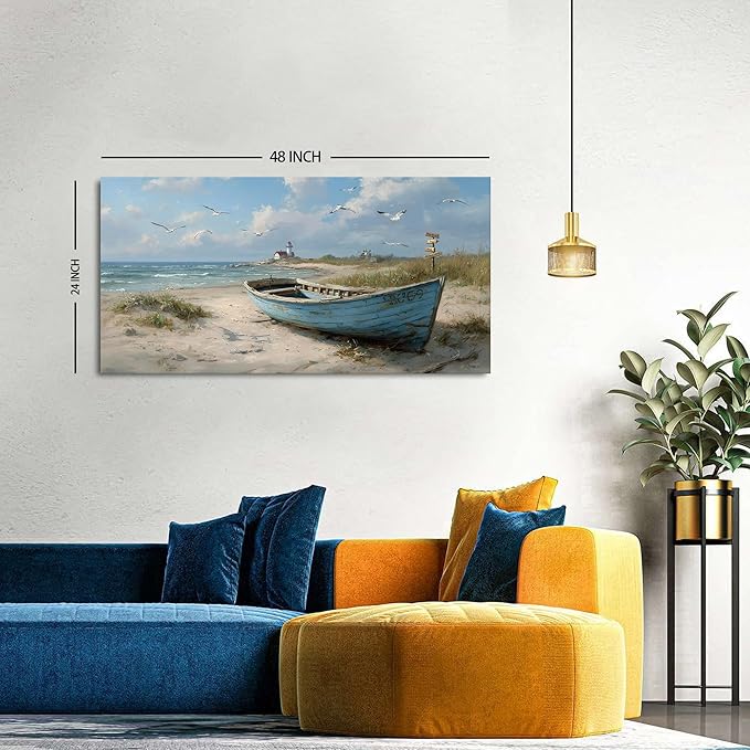Beach Wall Art Coastal Wall Decor Nautical Ocean Canvas Picture Nature Boat Seagull Seascape Prints Artwork Bathroom Decor Rustic Seaside Scenery Painting Living Room Bedroom Home Decoration 24x48"