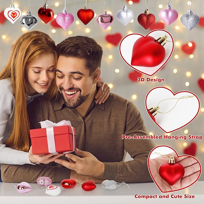 48PCS Heart Shaped Ornaments, Valentine Tree Decorations in 7 Kinds, 4 Colors Glitter Valentine Tree Ornaments, Heart Shaped Decorations for Valentines Wedding Party Hanging Decor