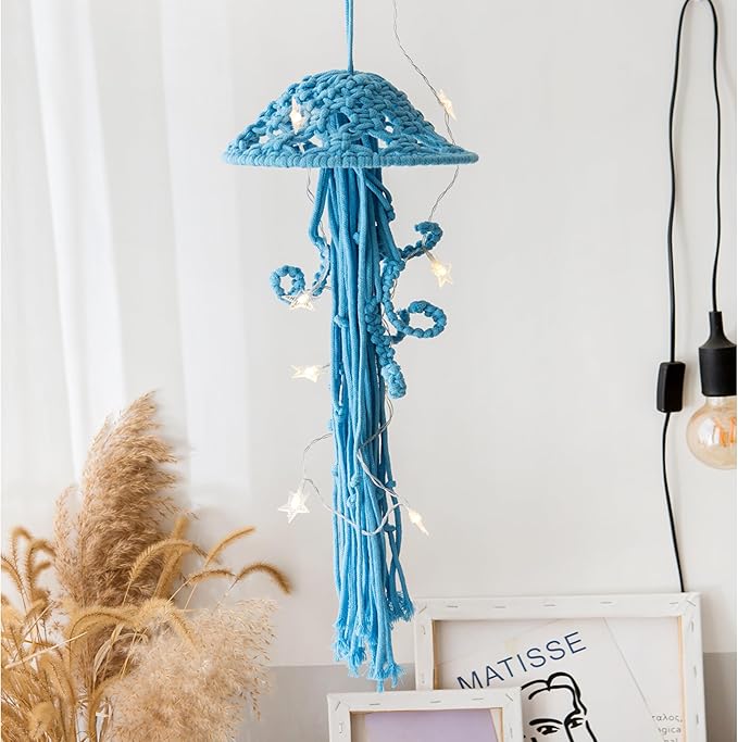 Macrame Wall Hanging,Jellyfish Dream Catcher with Star Lights,Bohemian Woven Wall Art Decor Beautiful Apartment Dorm Room Door Decoration (Blue)