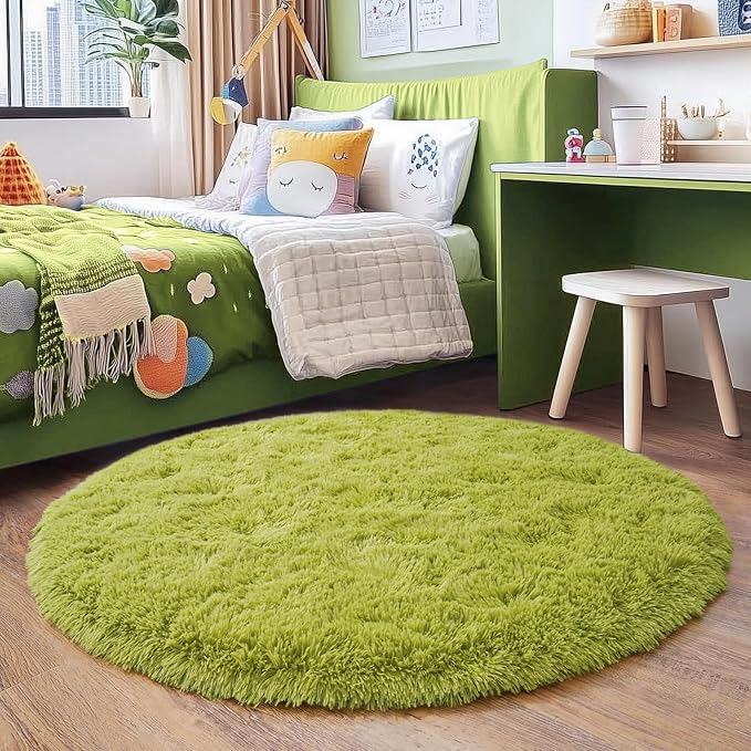 3'x3' Grass Green Round Rug for Bedroom, Ultra Soft Fluffy Circle Rug for Kids Girls Boys Room, Cute Small Shag Rugs for Living Room Playroom Tent Castle Home Decor Rug