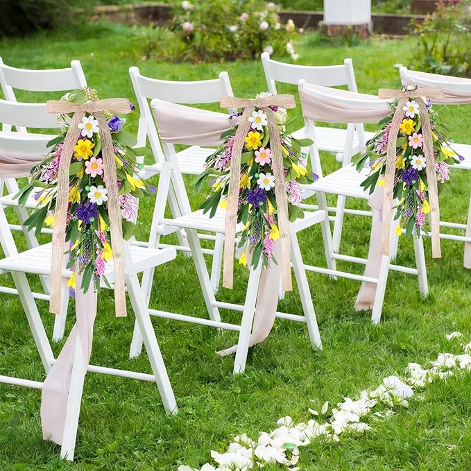 6 PCS Spring Summer Teardrop Swag with Bow Artificial Wildflower Sconce Lighting Swag Wreath Lavender Daisy Wisteria Candlestick Wreath Green Eucalyptus Floral Swag for Wall Cabinet Chandelier Decor