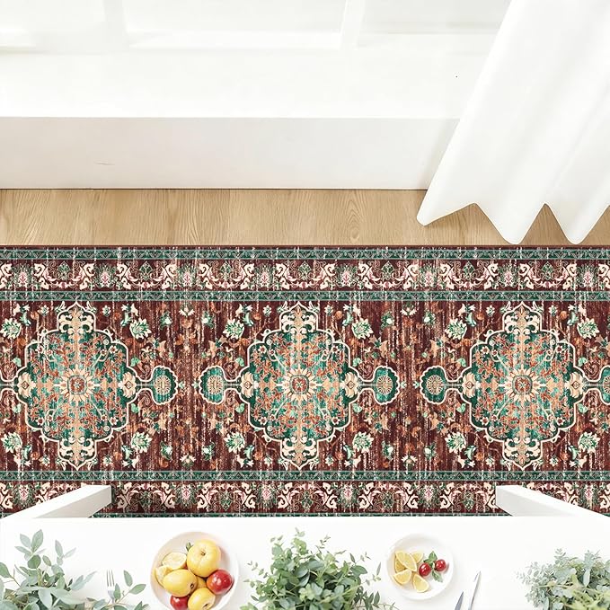 U'Artlines 3' x 18' Boho Hallway Runner Rug, Rust Non Slip Washable Vintage Farmhouse Accent Rug Carpet for Kitchen Entryway Laundry and Living Room (Rust＆Teal)