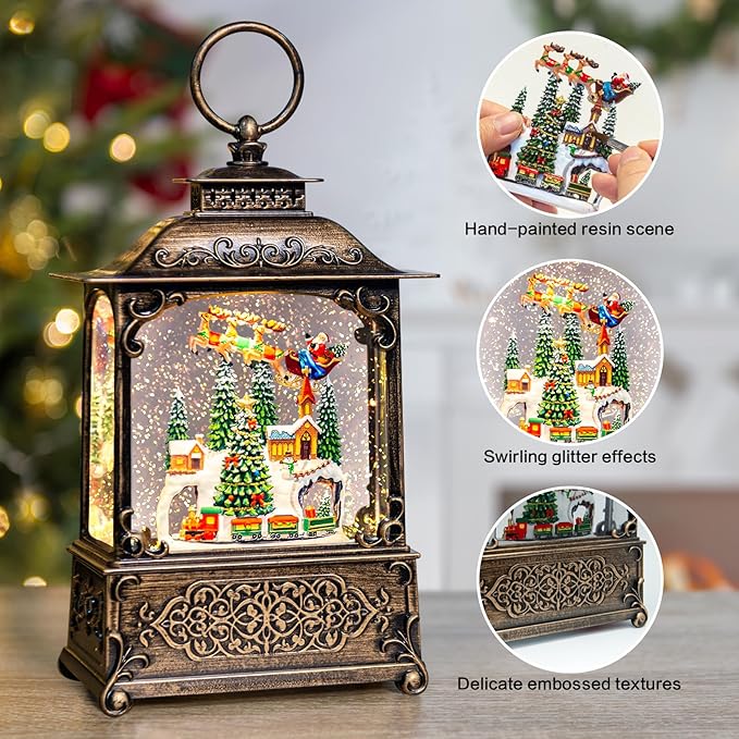 Christmas Snow Globes Lantern with Music, Winter Village Scene Snow Globes with Swirling Glitter Effects, USB/Battery Powered with 6-Hour Timer, Christmas Decorations