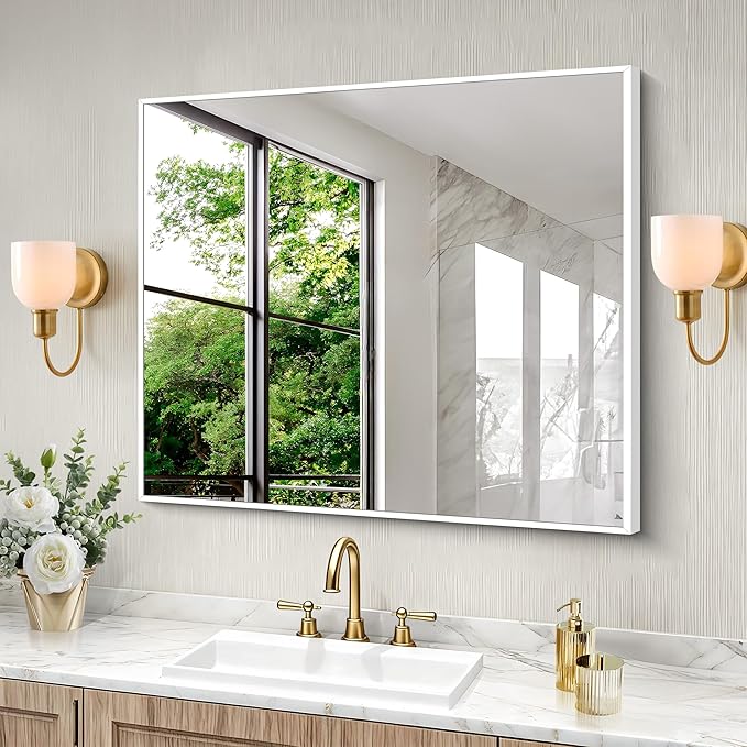 BONEWEI White Bathroom Mirror,30x36 inch Wall Mirror for Bathroom Wall Mounted,Rectangle Mirror for Bathroom Over Sink,Modern Metal Frame for Living Room,Bedroom Entryway,Horizontal/Vertical