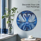 Wall Picture, with Two White Swans Printed Circular Iron Hanging Picture,Wall Art Decor,Home for Bedroom Living Room Bathroom Decor,Iron Painting 11.8X11.8 in