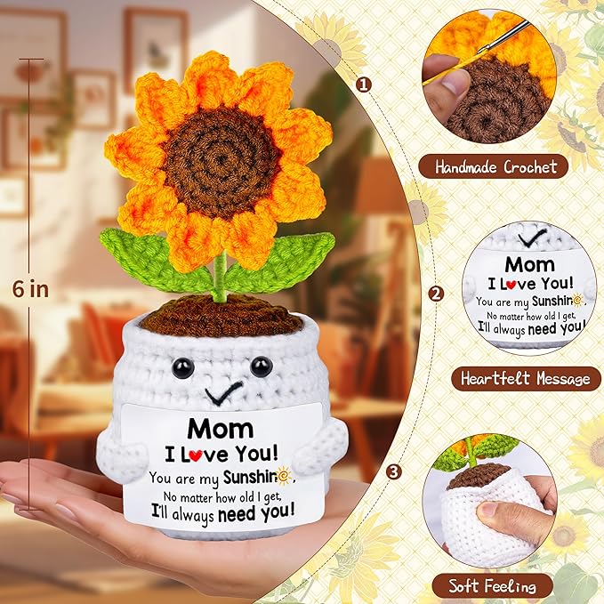 Gifts for Mom from Daughter Son, Mom Birthday Gifts, Gift for Moms Mother in Law Step Mama Mommy, Mother's Day Birthday I Love You Present for Moms, Cute Handmade Crochet Positive Sunflower Doll