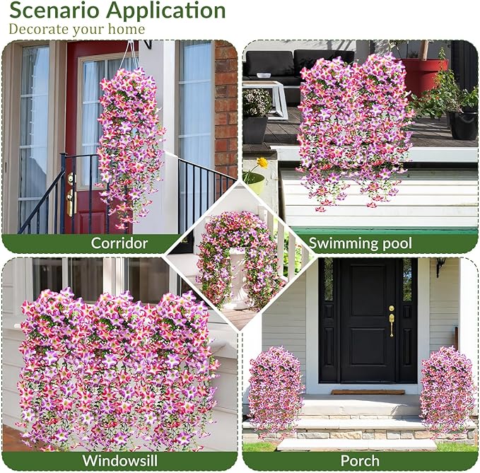 Waipfaru Artificial Petunias Flowers for Outdoors, 4 Pcs UV Resistant Fake Hanging Plants Spring Outside Decor, Faux Silk Flowers Long Trailing Vines for Outdoor Planters Porch Garden (Purple Fuchsia)