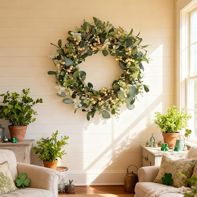 20Inch Artificial Eucalyptus Berry Wreath Green Leaf Eucalyptus Wreaths Spring Summer Wreath for Front Door Window Hanging Wall Party Decorations (20in)