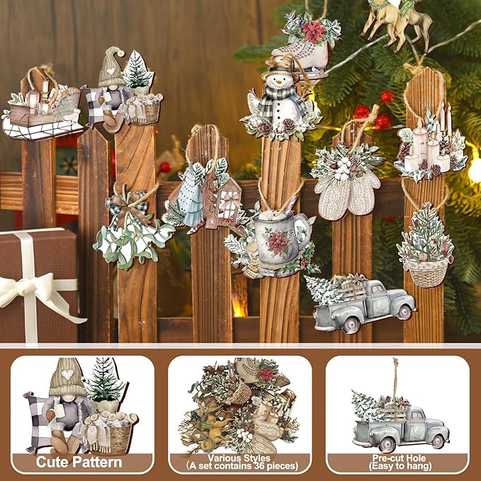 Suzile 36 Pcs Wooden Ornaments Vintage Tree Ornaments Decorations for Tree Wreaths Hanging Wood Cutouts Decor for Home Winter Party(Snowman Style)