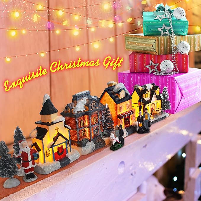 Christmas Village Sets-Christmas Decorations,LED Lighted Christmas Village Houses with Figurines, Christmas Village Collection Indoor Room Decor - Collectible Buildings