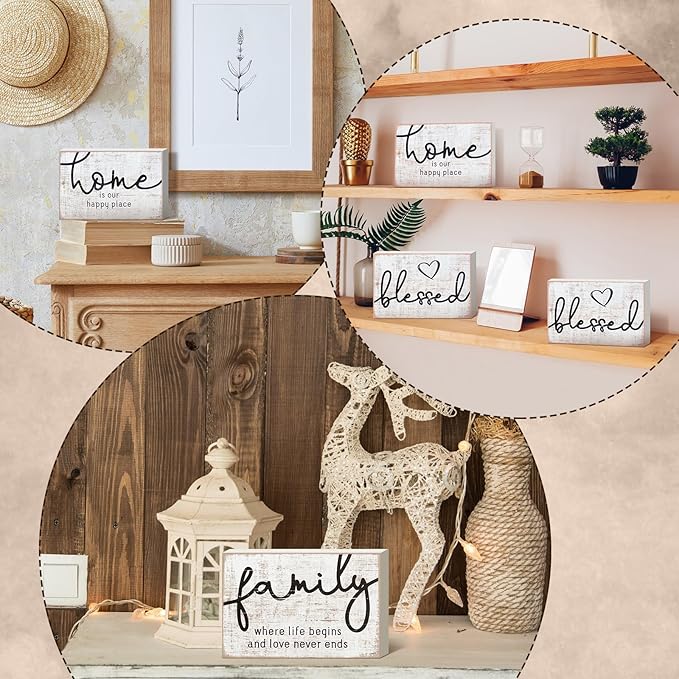 Jetec 3 Pcs Wooden Family Sign Rustic Blessed Home Wall Art Mini Wood Wall Decor Farmhouse Table Shelves Decoration Sign for Bedroom Kitchen Living Room Table Decor (Retro Color,7 x5 x 0.59 in)