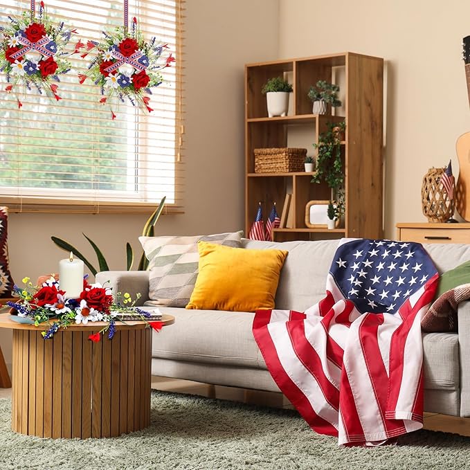 4 PCS Mini Patriotic American Cabinet Wreaths Small Red White and Blue Floral Wreath for Front Door with Ribbon Roses Daisy Forsythia July Independence Day Hanging Wreath for Porch Wall Window Decor