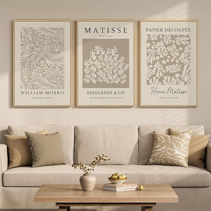 Framed Large Matisse Canvas Wall Art Set of 3, Vintage Neutral Abstract Floral Artwork Prints, Boho Beige Botanical Wall Decor for Living Room, Bedroom, Hallway and Office, Total Size 30x60