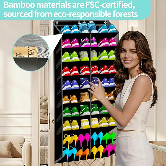 Heavy-Duty, over the door shoe organizer, Extra-Wide Large, shoe organizer, Holds 30 Pairs & Supports 100lbs, shoe rack, with Reinforced Grommets & Bamboo Rods, Fits Men's Size 12 & Boots, Black