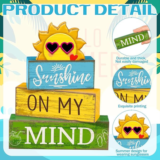 Lineshading 4 Pcs Summer Table Decor Wooden Sunshine Beach Tiered Tray Decor Rustic Farmhouse Sunshine Block Signs Gifts Summer Table Centerpieces for Home Kitchen Coffee Bar Shelf Office Decorations