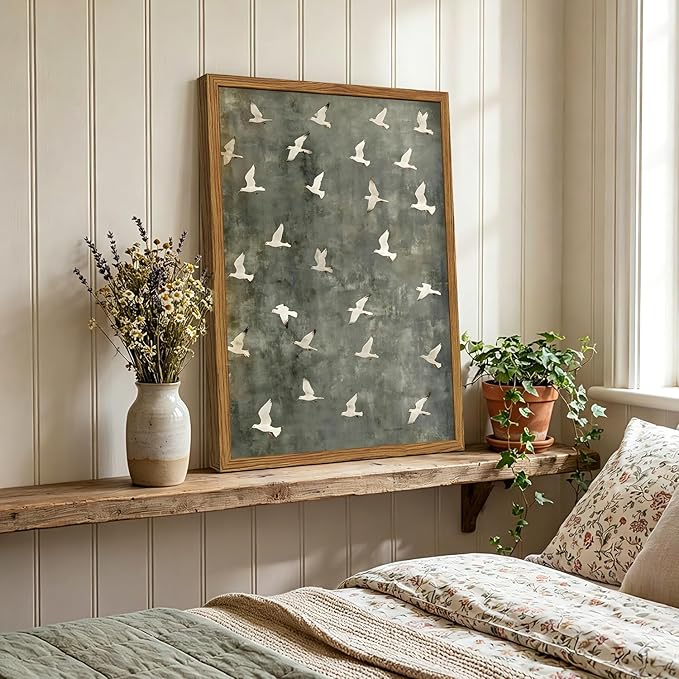 Framed Vintage Flying Bird Canvas Wall Art, Minimalist Abstract Flock of White Birds Pictures Wall Decor, Cottagecore Nature Wildlife Prints Paintings for Living Room Bedroom Home Office 16x24 inch