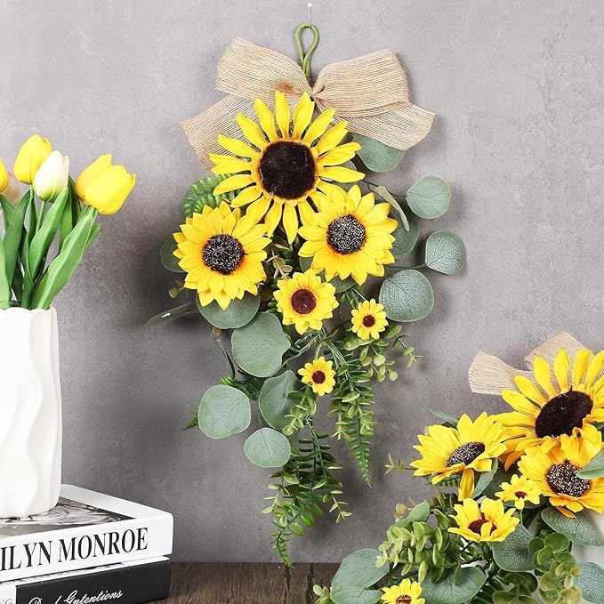 24in Artificial Sunflowers Teardrop Swag Spring Summer Sunflowers Floral Swag Wreath with Burlap Bow Fake Yellow Sunflower Garland for Front Door Indoor Outdoor Window Home Decor