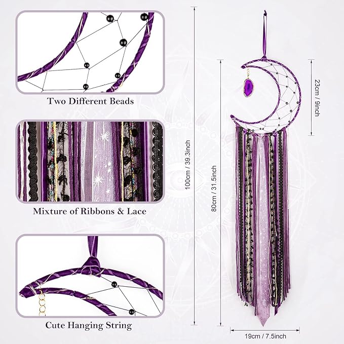 Witchy Crescent Moon Dream Catcher with Purple Agate, Witch Pagan Woven Wall Hanging Dreamcatcher with Light, Gothic Wiccan Hippie Decor with Ornament Decoration Women Gift for Bedroom Christmas