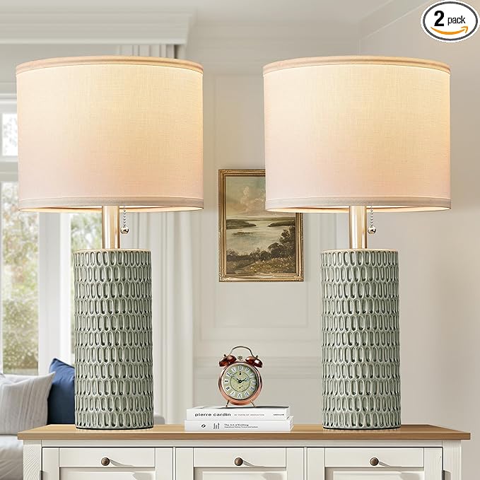 Reaketon Table Lamps for Living Room Set of 2, Ceramic Table Lamps for Bedroom, 20" Modern Lamps for Night Stands, Green